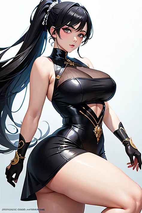 Masterpiece of a captivating 20-year-old chubby woman, showcasing her full figure in a tasteful artwork that delves into maximalism. The sleeveless design, coupled with her long black ponytail and dark mesmerizing eyes, provides an intriguing contrast agai...