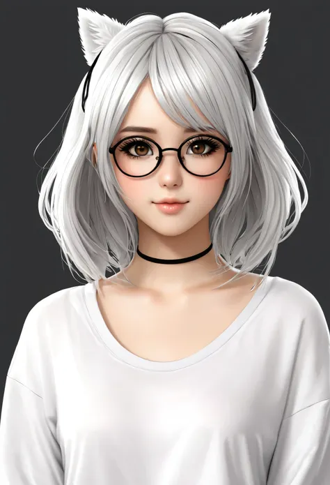 Personaje femenino anime, pale, orejas de furro 
blanco,pelo corto desordenado blanco,cola de furro, ropa negra, ambiente natural, lentes, sonrojada, con mucho pecho ropa negra con una cruz en el cuello pelo negro
