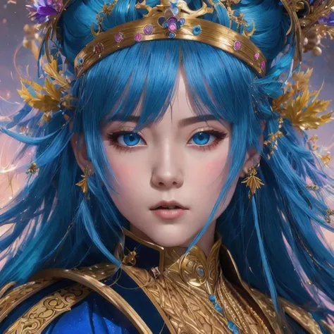 18 years old with blue hair wearing a gold crown and a blue wig, fantasy art style, ((a beautiful fantasy empress)), a beautiful...