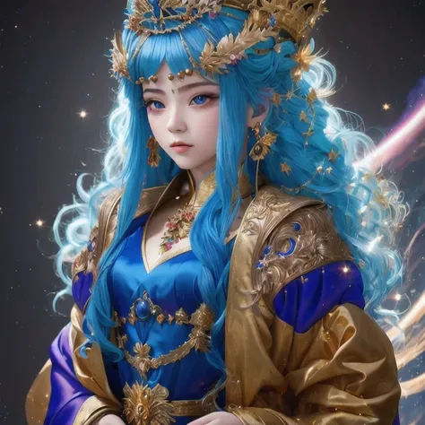 18 years old with blue hair wearing a gold crown and a blue wig, fantasy art style, ((a beautiful fantasy empress)), a beautiful fantasy empress, artwork in the style of Girl, azure. detailed hair, 18 years old, palace ， a girl in hanfu, beautiful celestia...