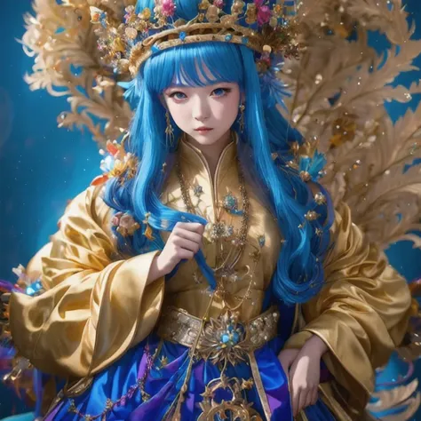 18 years old with blue hair wearing a gold crown and a blue wig, fantasy art style, ((a beautiful fantasy empress)), a beautiful fantasy empress, artwork in the style of Girl, azure. detailed hair, 18 years old, palace ， a girl in hanfu, beautiful celestia...