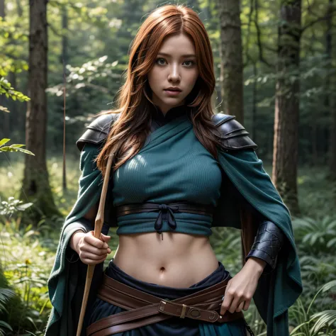 photorealistic, masterpiece, photorealistic, high resolution, soft light, hips up, blue eyes, ginger hair, long hair, Intricate details EABA, cloaks, bow and shoots arrows, Ninja, Armor, warrior, samurai helmet, Kushina Uzumaki, Konoha forest