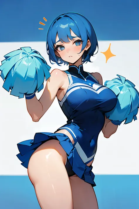 Older sister, short hair, blue hair, big breasts, sexy, shy, cheerleader uniform, white and blue 