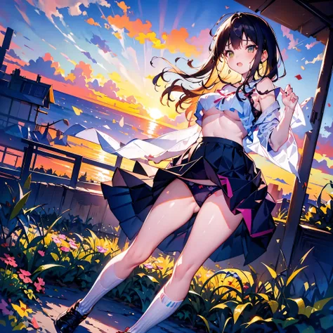 Colorful flowers, colorful background, colorful sunset, , knee-high socks,, sneakers, tank top, I can see her panties、skirt、bra、braが見える、Showing panties、skirtを捲る