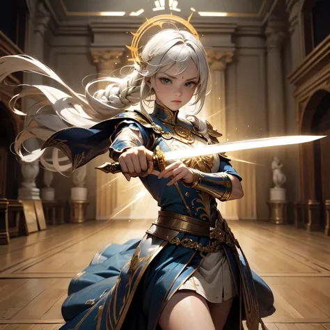 Create an 8K ultra HD digital image of a noble mystical blonde-haired Seraphin warrior, long and braided, vestido com trajes de batalha da realeza, in the castle training hall. O guerreiro tem olhos azuis brilhantes e pele clara. He is dressed in blue velv...