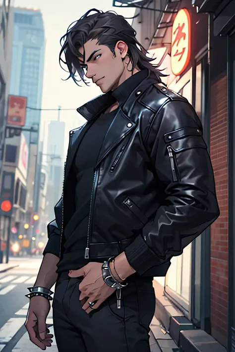 ((best quality)), ((masterpiece)), (detailed), metalhead guy, with leather jacket and spikes bracelet 