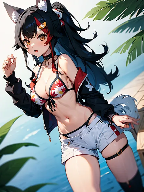 nsfw,miosha1、hair ornaments、ponytail、wolf tail、swimwear、white shorts、thigh straps、black jacket、leaf print、collar、string bikini,(...