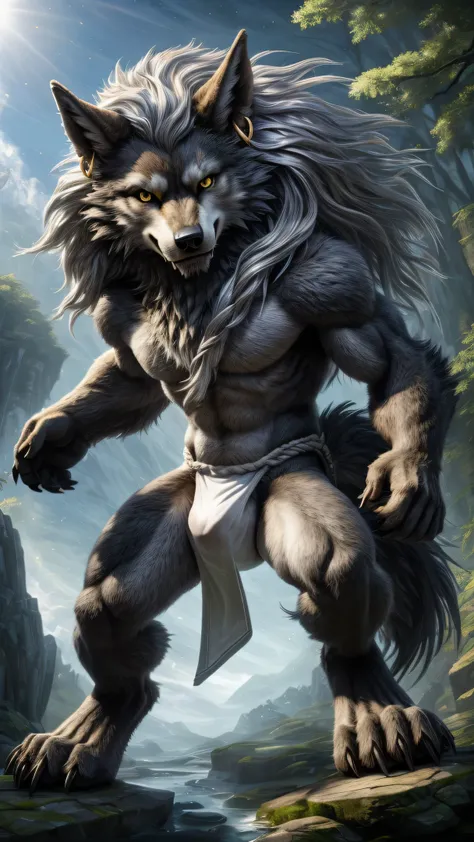 ultra-detailed, masterpiece, masterwork, high quality, best quality, hdr, japanese style, nature, (nsfw), (solo), male, werewolf, chibi, (gray little body werewolf), (white body), (bulge fundoshi), (long silver hair), (yellow eyes), cool pose, dynamic angl...