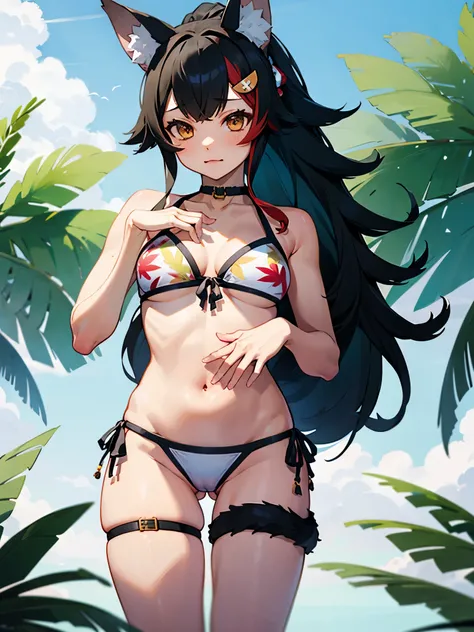 NSFW,miosha1、hair ornaments、ponytail、Wolf Tail、Swimwear、Thigh straps、Leaf print、String Bikini,(Perfect hands),(Perfect Anatomy),(masterpiece),(highest quality)