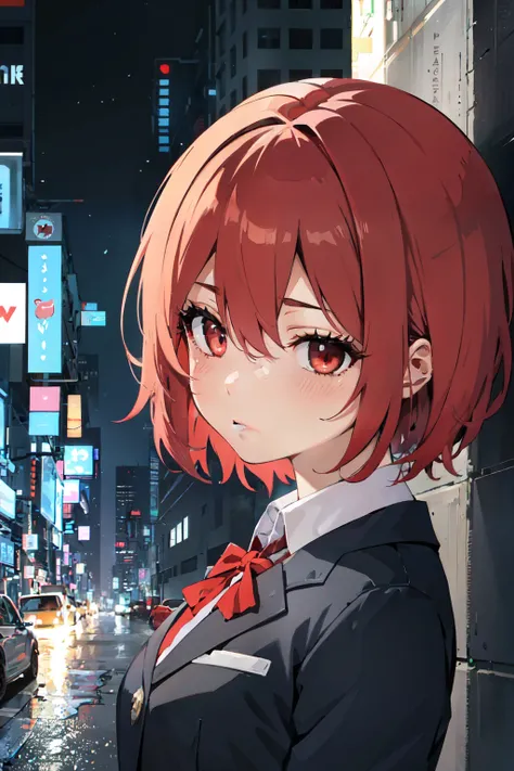 college ,girl,dark red eyes,short red hair,hair cover one eye,white school uniform,light blush, neutral expression, cyberpunk street,night time,
