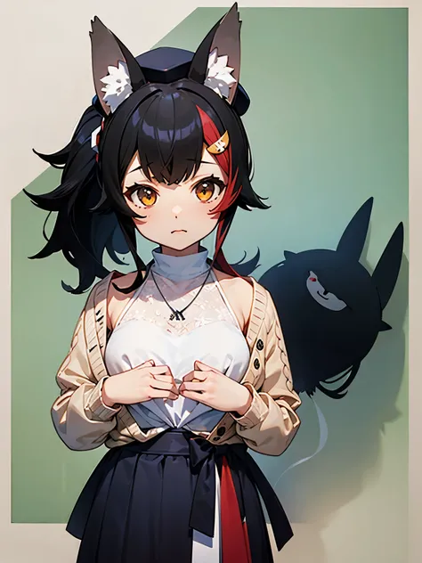 NSFW,miosha1、Barrette、Side Blade、ponytail、hat、beret、Wolf Tail、Black Skirt、White Shirt、necklace、Sleeveless shirt、cardigan,(Perfect hands),(Perfect Anatomy),(masterpiece),(highest quality)