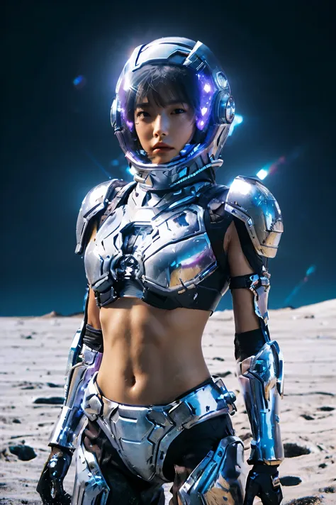 a girl in spacesuit, fully exposed midriff, bare waist,cowboy-shot, in outer space, desolate alien cold planet,transparen space-...