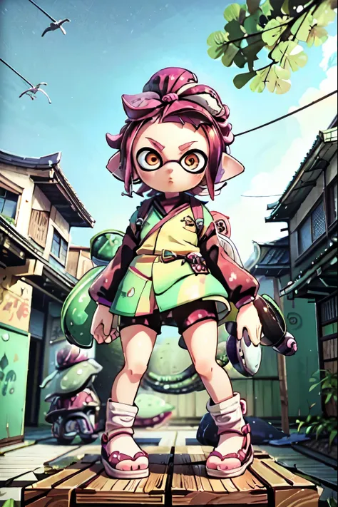 masterpiece、real anime、3d、(crane),((splatoon girl)), golden eyes、((tanjiro&#39;s cosplay, black tentacle hair))、short tentacle h...