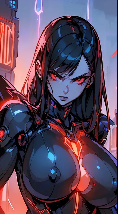 (best quality,ultra-detailed,realistic:1.37),woman cyborg,red eyes,evil,anime,huge ,sleek metallic body,expressionless face,glowing circuits,enormous energy blade,mechanical limbs,dystopian city backdrop,neon lights reflection,dark and ominous atmosphere