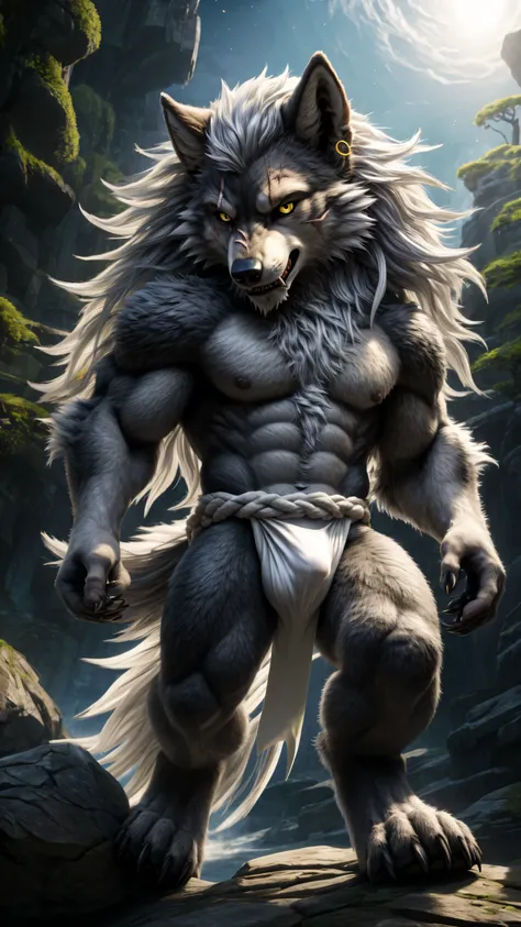 ultra-detailed, masterpiece, masterwork, high quality, best quality, hdr, japanese style, nature, (nsfw), (solo), male, werewolf, chibi, (gray little body werewolf), (white body), (bulge fundoshi), (long silver hair), (yellow eyes), cool pose, dynamic angl...