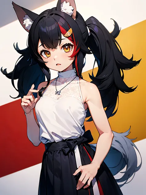 nsfw,miosha1、barrette、side blade、ponytail、wolf tail、black skirt、white shirt、necklace、sleeveless shirt,(perfect hands),(perfect a...