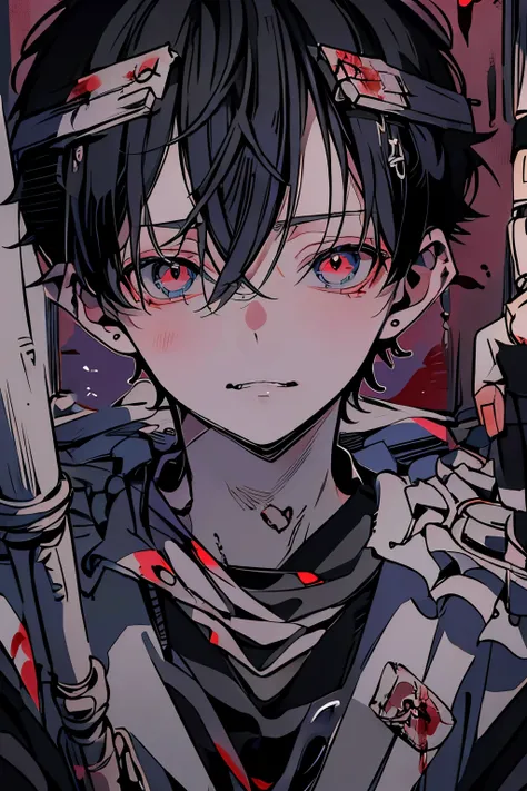 (Mastepiece), (Best Quality), Very detailed, ((17 year old boy:1.5)), (Solo Shooting:1.3)、Perfect Face, Beautiful Face, Very detailedな顔，(Black short hair:1.3)，(Painful face:1.4)、injury、Blood