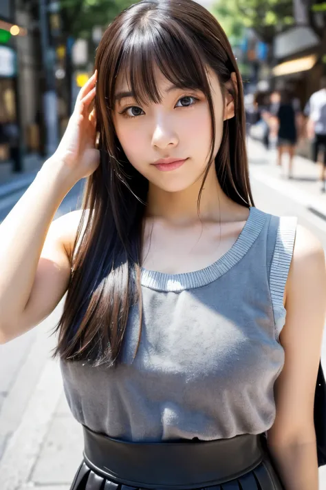 A cute Japanese girl is wearing an off-shoulder transparent gray vest and black leather skirt. She has bangs hair with deep brown eyes, posing for the camera on a Tokyo street, her hands touching her face in a close up shot with natural lighting. The photo...