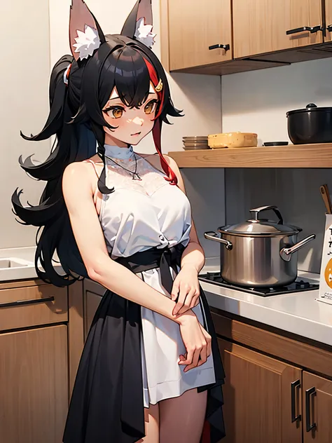 NSFW,miosha1、Barrette、Side Blade、ponytail、Wolf Tail、Black Skirt、White Shirt、necklace、Sleeveless shirt,kitchen,(Perfect hands),(Perfect Anatomy),(masterpiece),(highest quality)