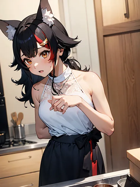 nsfw,miosha1、barrette、side blade、ponytail、wolf tail、black skirt、white shirt、necklace、sleeveless shirt,kitchen,(perfect hands),(p...