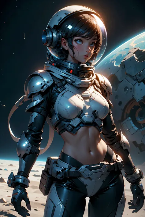 a girl in spacesuit, fully exposed midriff, bare waist,cowboy-shot, in outer space, desolate alien cold planet,transparen space-helmet,Transparent full-face helmet ,((bikini top)),((metal Bikini armor)), sexy exposed midriff, full metallic armor, bare midr...