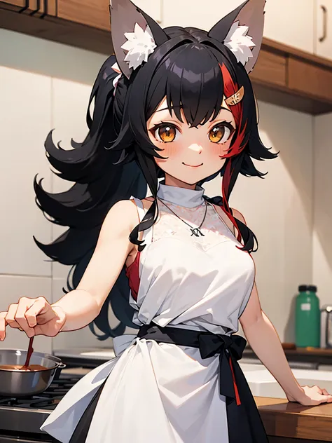 miosha1、barrette、side blade、ponytail、wolf tail、black skirt、white shirt、necklace、sleeveless shirt,apron,kitchen,smile,blush,(perf...