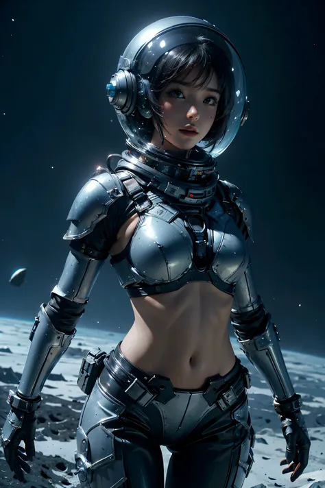 a girl in spacesuit, fully exposed midriff, bare waist,cowboy-shot, in outer space, desolate alien cold planet,transparen space-...