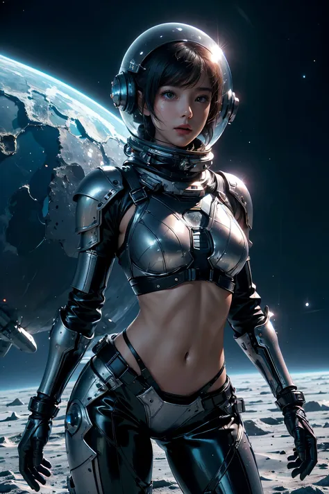 a girl in spacesuit, fully exposed midriff, bare waist,cowboy-shot, in outer space, desolate alien cold planet,transparen space-...