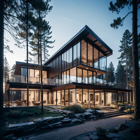 modern villa exterior, glass facade, iron frames, beautiful wooden frame, forest, high trees, (best quality,4k,8k,highres,masterpiece:1.2),ultra-detailed,(realistic,photorealistic,photo-realistic:1.37),professional photograph,landscape,vibrant colors,drama...