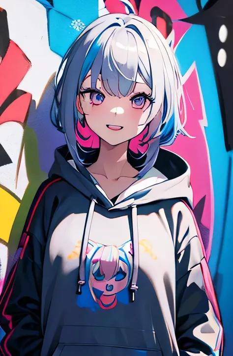 masterpiece, high quality, highres, absurdres, ultra-detailed, 8k, 1girl, platinum grey hair, blue hair, multicolored hair, gradient hair, looking at viewer, colorful eyes, colorful hoodie, (graffiti murals wall background:1.15), brilliant colorful paintin...