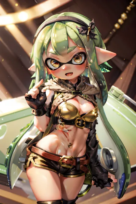 (masterpiece, highest quality),  Detailed, Real Anime、3D、
 (Splatoon Girl), Golden Eyes、Fairy, Pointed Ears, Long metallic green tentacle hair, Side Lock, Hair Ribbon, gigantic breast、Cleavage、Elf costume、Open the front of your clothes、Low rise brown short...