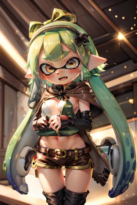 (masterpiece, highest quality),  Detailed, Real Anime、3D、
 (Splatoon Girl), Golden Eyes、Fairy, Pointed Ears, Long metallic green tentacle hair, Side Lock, Hair Ribbon, gigantic breast、Cleavage、Elf costume、Open the front of your clothes、Low rise brown short...