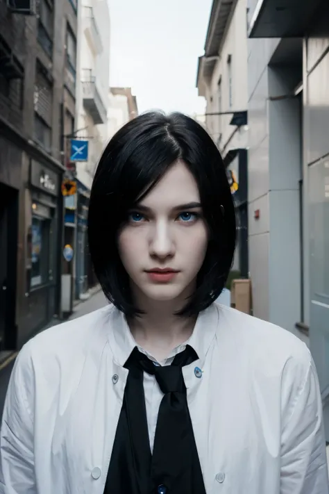 A slender man with pale skin ,a head full of black hair , attractive facial features and vibrant blue eyes which mesmerizes anyone who sees them .