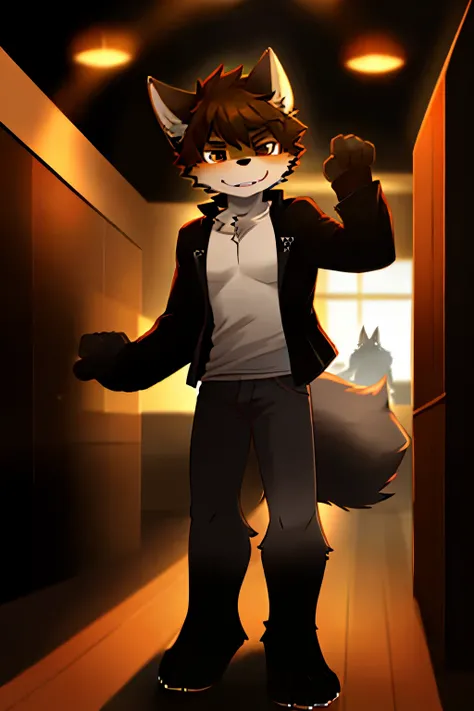 guy. short brown hair. age 14. full body. anthro wolf. 