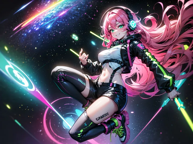 masterpiece:1.4, 1girl ((20year old, dressed in long sleeve shirt, tight black shorts, sneakers, medium breasts, multicolor pink hair, curly long hair, green eyes:1.4, Wearing headphones, happy, smiling, close up, floating in outer space:1.1 galaxy and ear...