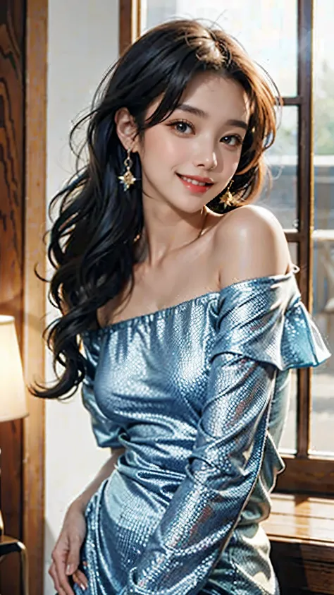 1girl, offshoulder, light smile, shiny skin, best quality, masterpiece, (photorealistic:1.4)