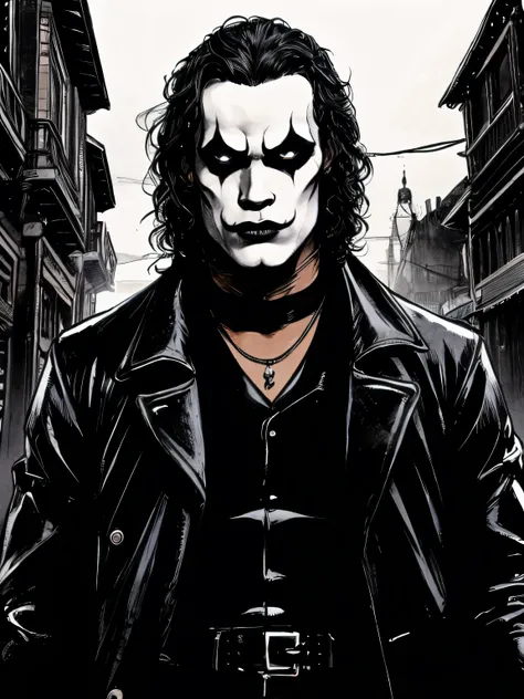 A movie poster of the character "O corvo". rosto de perto. O personagem no meio de uma rua escura, com uma luz verde brilhante brilhando sobre ele. (( O corvo V.Cara de TI, Rosto branco com maquiagem preta )), The background is black with smoke. Wearing a ...