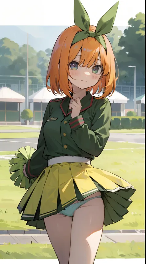 Yotsuba Nakano, bangs, kurzes Haar, Blaue Augen, Haare zwischen den Augen, Haarband, hairband, Rote Haare, green ribbon, outside, aufgeregt, lachen, Betrachter betrachten, ((panties)), Cheerleader