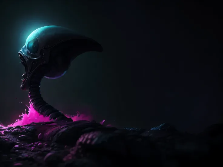 pintura cromada de um alien psicodelico, com fundo preto e rosa pink saindo faiscas, melhor qualidade, texturizado perfeitamente, dramatic luminosity, e a palavra "PSYWORMS" na fonte cartoon azul-celeste, texturizado perfeitamente, octane render 8K