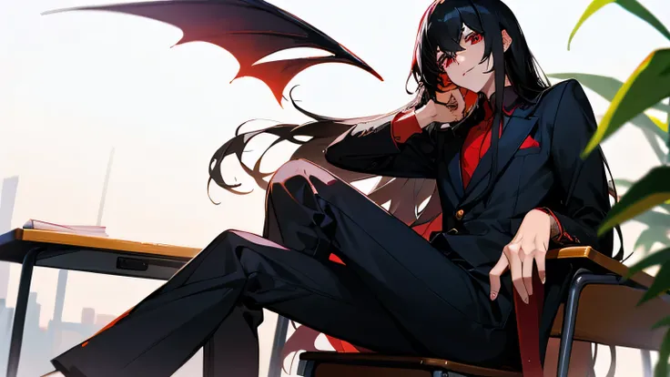 black hair, red eyes, sitting at a school desk, devilish, summer, long hair, Chic, male, man, boy