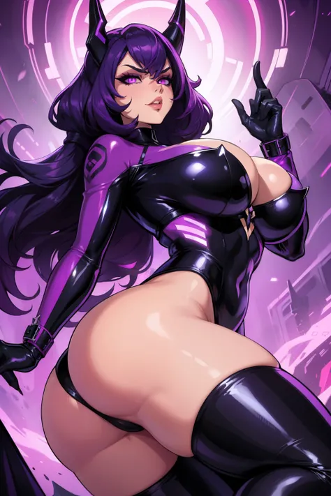 female villain, dark latex outfit with pruple elements, sexy clothes, big ass,extremely big breasts, evil expression, dangerous environment, purple hair with sidelocks, pink glowing eyes, mask