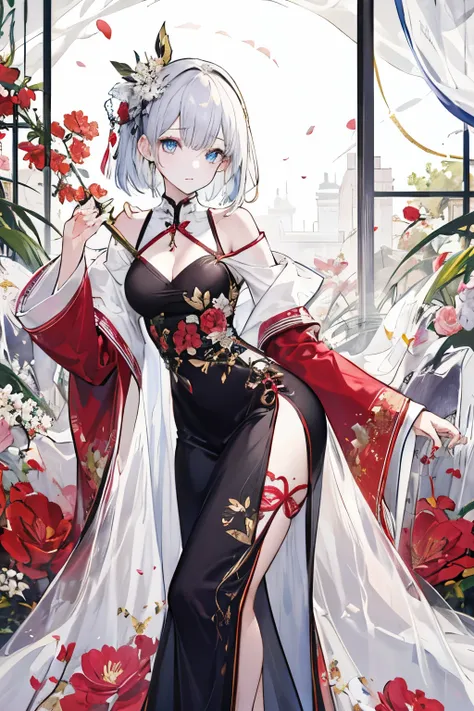 ((best quality)), ((masterpiece)), (detailed), 1 girl, slit cheongsam，details of clothes，off-shoulder，full-body shot，eyes for de...