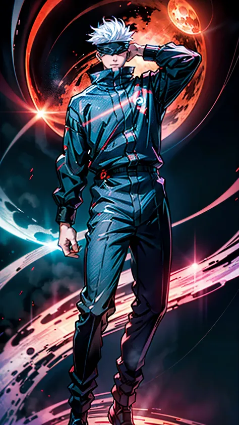 1boy, full body shot, satoru gojo, blindfold, black outfit, white hair, use skill pose (( red energy void in right hand,blue energy void in left hand)), smirk, red and blue moon background, wallpaper, cinematic,High resolution 8K, Bright light illumination...