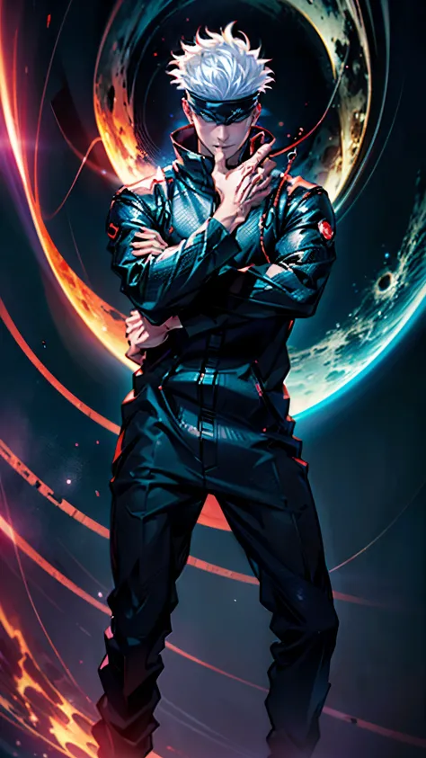 1boy, full body shot, satoru gojo, blindfold, black outfit, white hair, use skill pose (( red energy void in right hand,blue energy void in left hand)), smirk, red and blue moon background, wallpaper, cinematic,High resolution 8K, Bright light illumination...