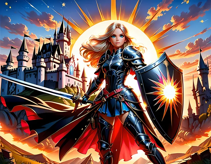 16k, ultra detailed, masterpiece, best quality, (extremely detailed), arafed, dnd art, panoramic view, full body, a single1 ((Barbie: 1.5)) knight standing on the all of the castle as the sun rises, she is holding sword and shield, you see only the silhoue...