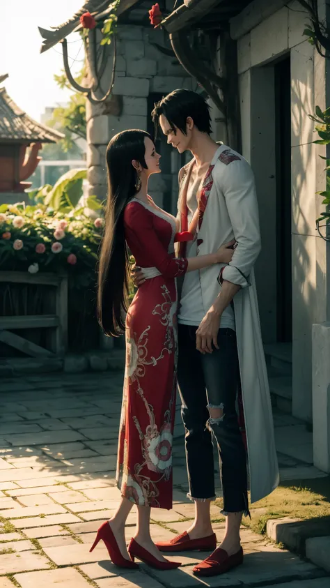 best quality, of romantic couple in amazing and idyllic landscape, romantic atmosphere, featured details; Man monkey d Luffy white T-shirt and denim coat, woman boa Hancock with long black hair, red dress with flowers and white shoes, radiant smile, in the...