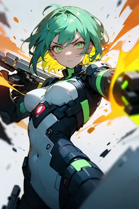 Woman with Fair skin and Green neon eyes and short neon yellow segmented hair, with a determined expression on her face and wielding dual guns, clothes damaged, wearing a damaged suit and Fire all around