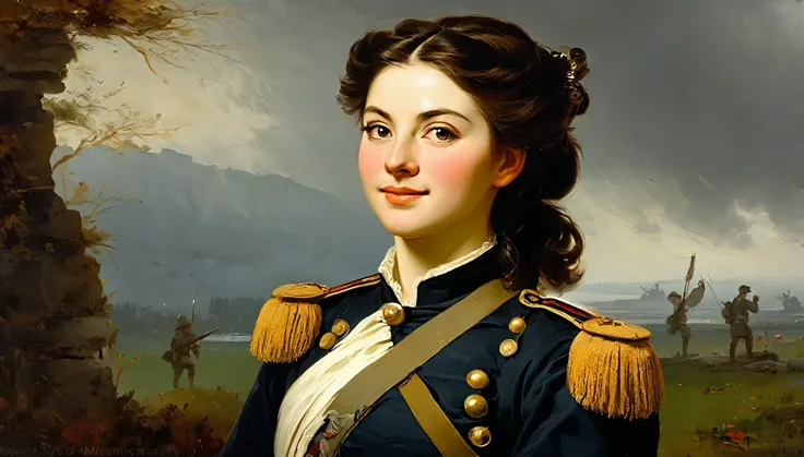 charming young pretty female warrior, brunette, smiling slightly mysteriously over her shoulder, averting her eyes, in a military artillery uniform, 18th century, cannon, redoubt, cannonballs, military battle (Adolphe Piot style)), dark Renaissance, (fog, ...
