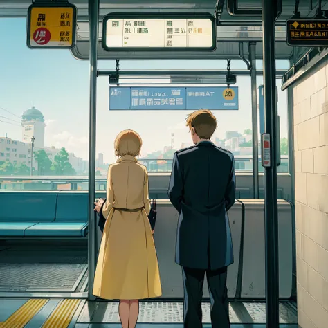 a couple at the train station are waiting for a train, short blonde woman and tall man 