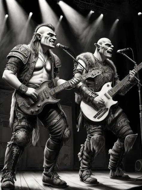 Pencil illustration of Two Russian male orc modern fantasy punk bards musicians on stage